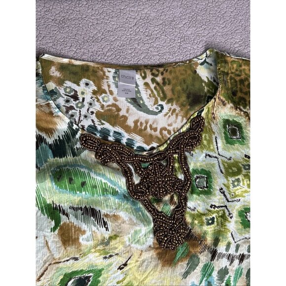 Chicos Silk Poncho Top S/M Green Paisley Animal Print Artsy Lightweight Beaded - Picture 3 of 12